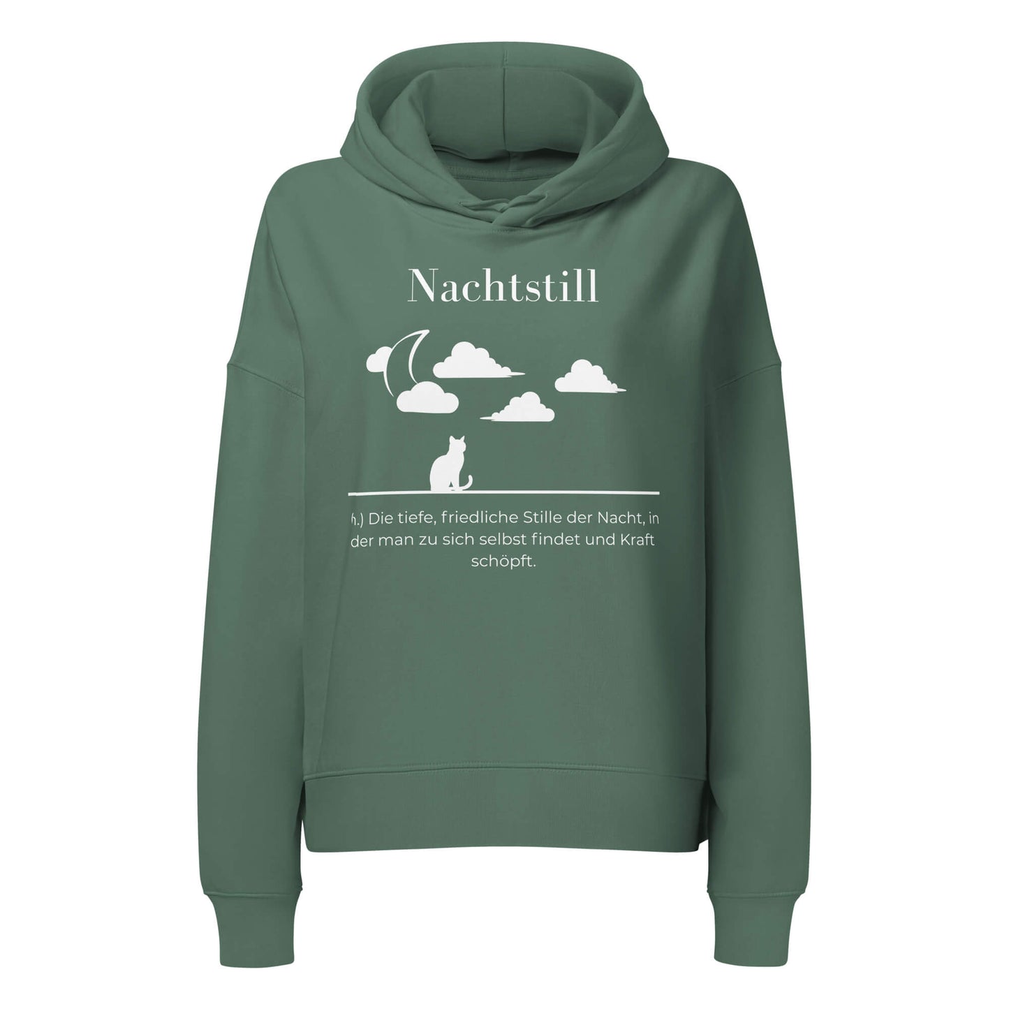 Nachtstill Damen Hoodie in Green Bay – weißer Aufdruck, Bio-Baumwolle, femininer Schnitt – Wortstolz