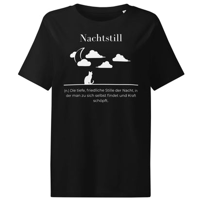 Nachtstill Damen T-Shirt in Black – weißer Aufdruck, Bio-Baumwolle, femininer Schnitt – Wortstolz