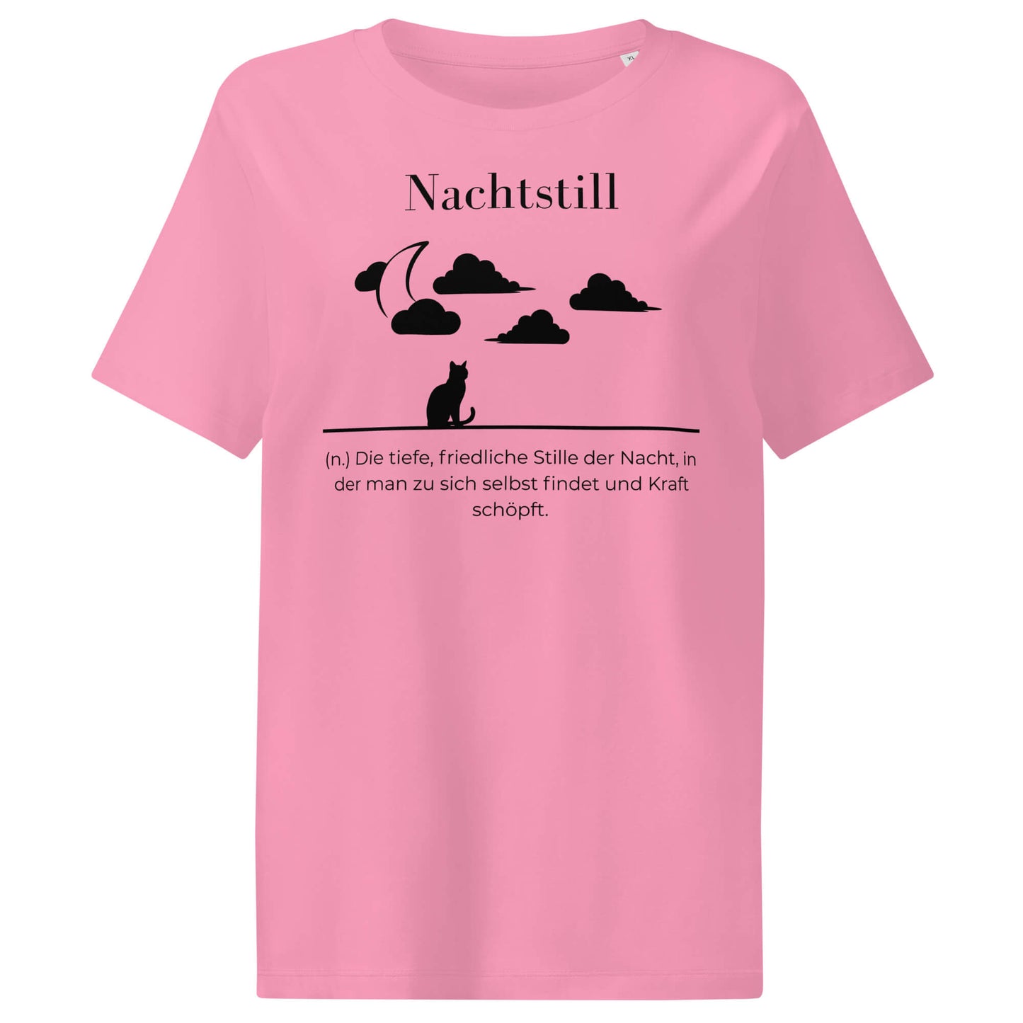 Nachtstill Damen T-Shirt in Bubble Pink – schwarzer Aufdruck, Bio-Baumwolle, femininer Schnitt – Wortstolz