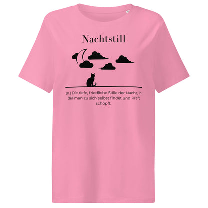 Nachtstill Damen T-Shirt in Bubble Pink – schwarzer Aufdruck, Bio-Baumwolle, femininer Schnitt – Wortstolz