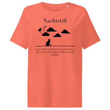 Nachtstill Damen T-Shirt in Fiesta – schwarzer Aufdruck, Bio-Baumwolle, femininer Schnitt – Wortstolz