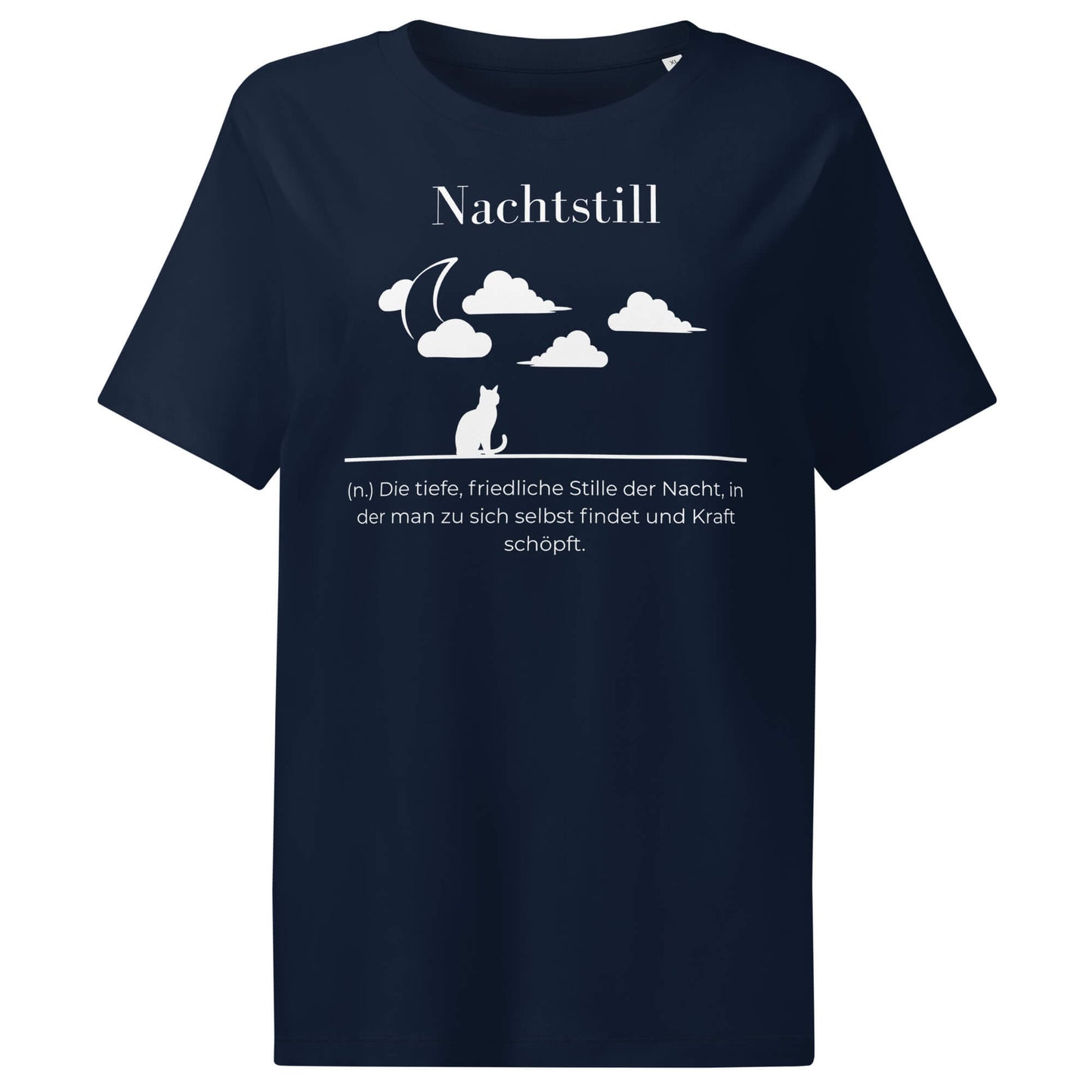 Nachtstill Damen T-Shirt in French Navy – weißer Aufdruck, Bio-Baumwolle, femininer Schnitt – Wortstolz