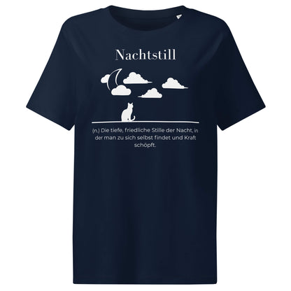 Nachtstill Damen T-Shirt in French Navy – weißer Aufdruck, Bio-Baumwolle, femininer Schnitt – Wortstolz