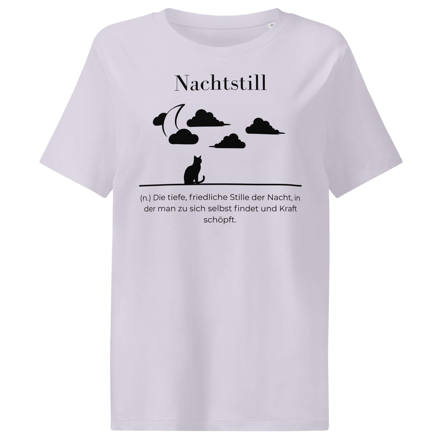 Nachtstill Damen T-Shirt in Lavender – schwarzer Aufdruck, Bio-Baumwolle, femininer Schnitt – Wortstolz