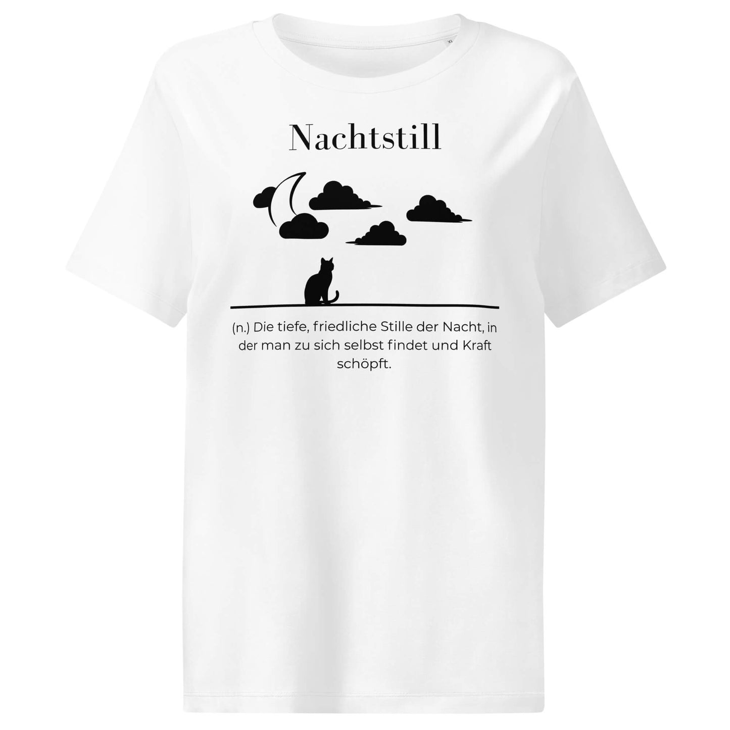 Nachtstill Damen T-Shirt in White – schwarzer Aufdruck, Bio-Baumwolle, femininer Schnitt – Wortstolz