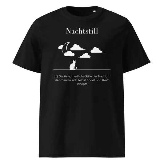 Nachtstill Herren T-Shirt in Black – weißer Aufdruck, Bio-Baumwolle, maskuliner Schnitt – Wortstolz
