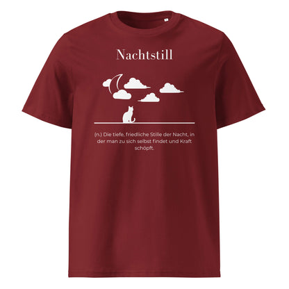 Nachtstill Herren T-Shirt in Burgundy – weißer Aufdruck, Bio-Baumwolle, maskuliner Schnitt – Wortstolz