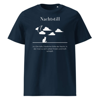 Nachtstill Herren T-Shirt in French Navy – weißer Aufdruck, Bio-Baumwolle, maskuliner Schnitt – Wortstolz