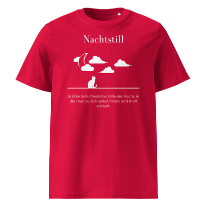 Nachtstill Herren T-Shirt in Red – weißer Aufdruck, Bio-Baumwolle, maskuliner Schnitt – Wortstolz