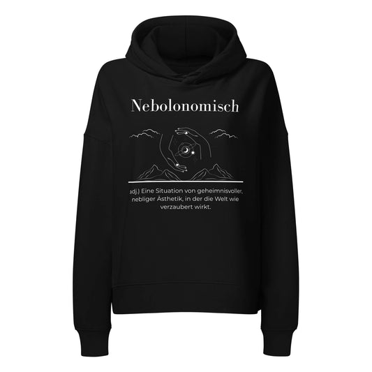 Nebolonomisch Damen Hoodie in Black – weißer Aufdruck, Bio-Baumwolle, femininer Schnitt – Wortstolz