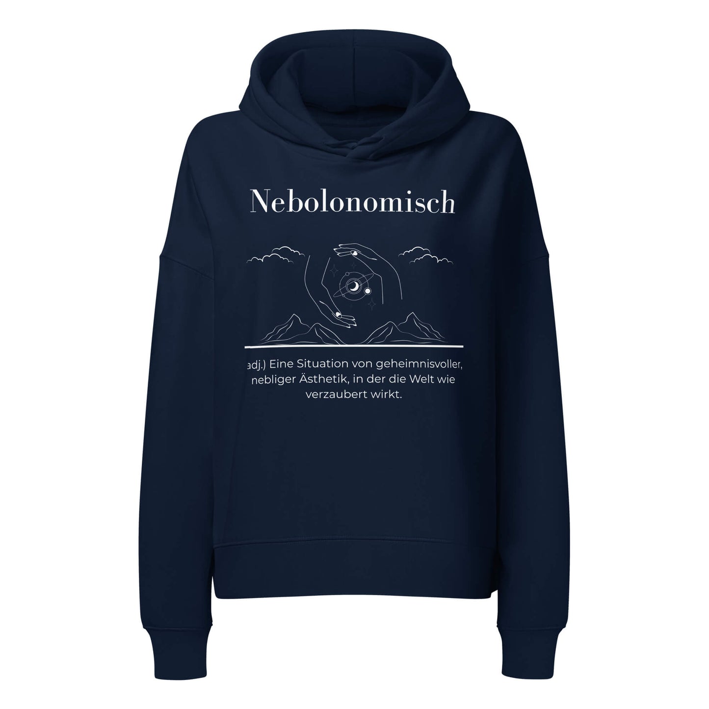 Nebolonomisch Damen Hoodie in French Navy – weißer Aufdruck, Bio-Baumwolle, femininer Schnitt – Wortstolz