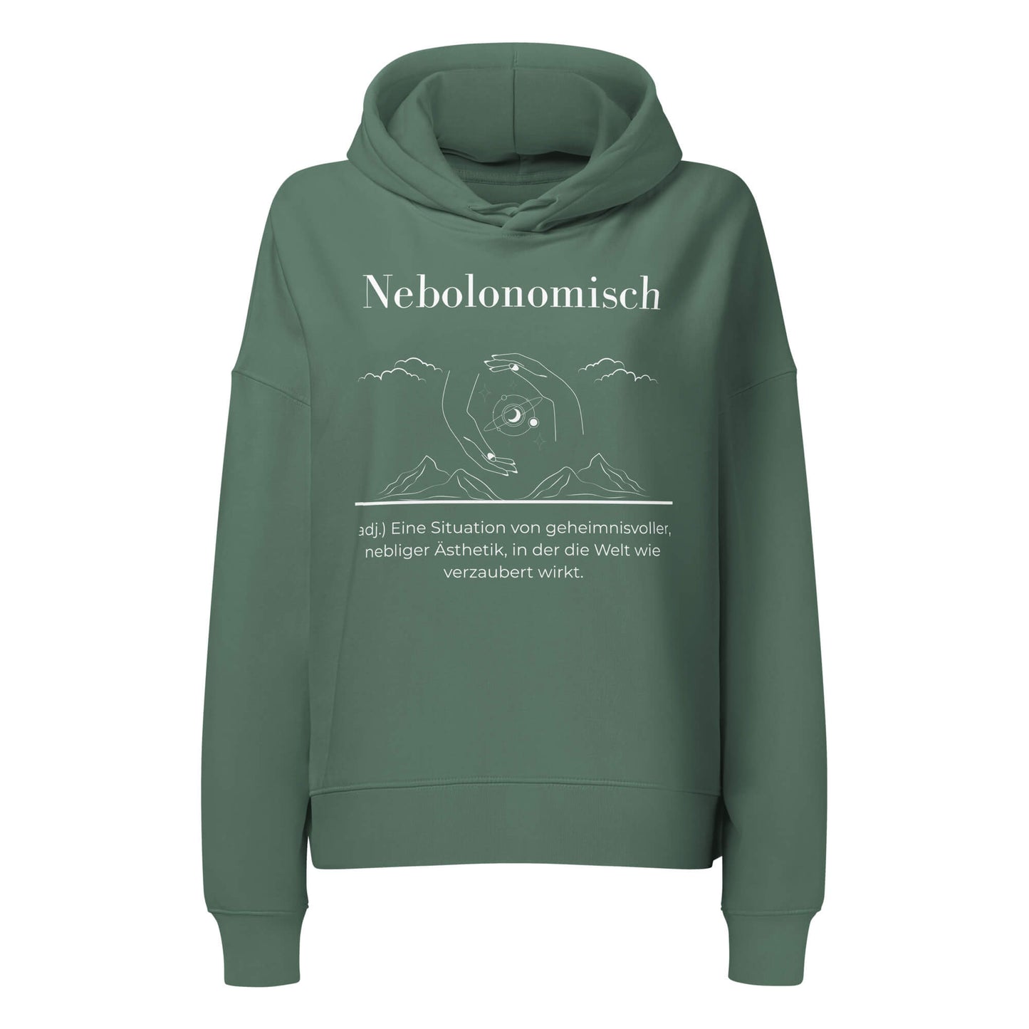 Nebolonomisch Damen Hoodie in Green Bay – weißer Aufdruck, Bio-Baumwolle, femininer Schnitt – Wortstolz