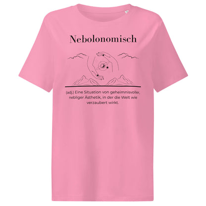 Nebolonomisch Damen T-Shirt in Bubble Pink – schwarzer Aufdruck, Bio-Baumwolle, femininer Schnitt – Wortstolz