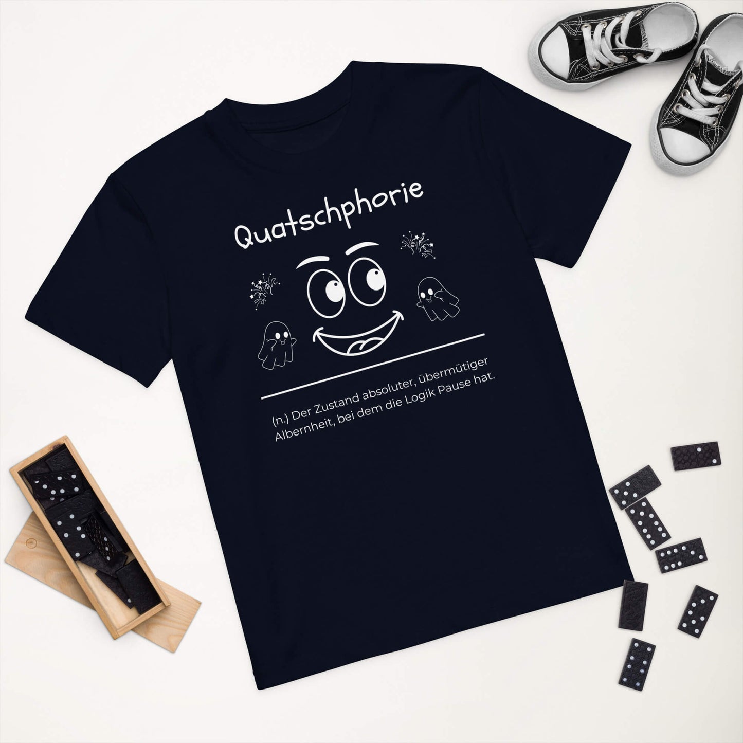 Quatschphorie Kinder-T-Shirt in French Navy – weißer Aufdruck, Bio-Baumwolle, reguläter Schnitt – Lifestyle Wortstolz