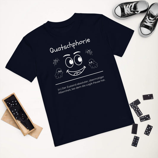 Quatschphorie Kinder-T-Shirt in French Navy – weißer Aufdruck, Bio-Baumwolle, reguläter Schnitt – Lifestyle Wortstolz