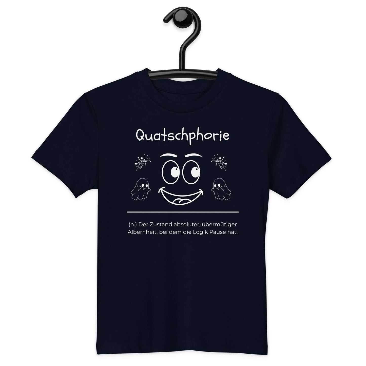Quatschphorie Kinder-T-Shirt in French Navy – weißer Aufdruck, Bio-Baumwolle, reguläter Schnitt – Hängend am Kleiderbügel - Wortstolz