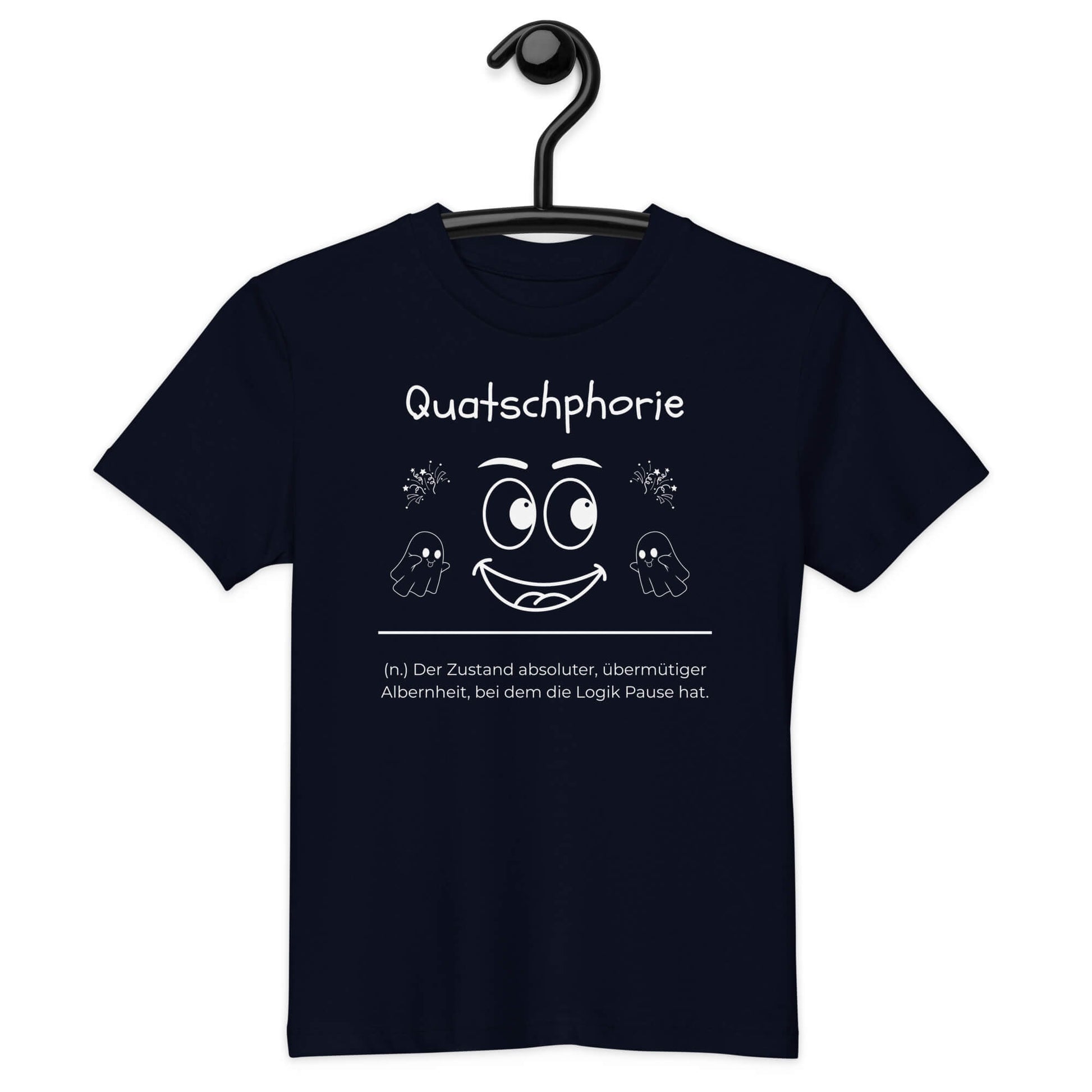 Quatschphorie Kinder-T-Shirt in French Navy – weißer Aufdruck, Bio-Baumwolle, reguläter Schnitt – Hängend am Kleiderbügel - Wortstolz