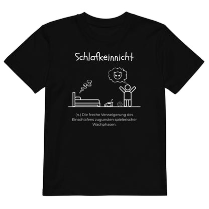 Schlafkeinnicht Kinder-T-Shirt in Black – weißer Aufdruck, Bio-Baumwolle, reguläter Schnitt – Wortstolz
