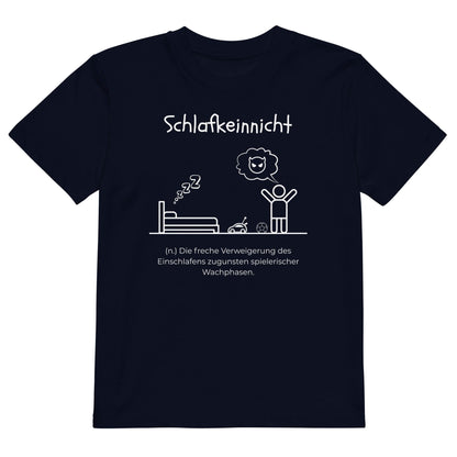 Schlafkeinnicht Kinder-T-Shirt in French Navy – weißer Aufdruck, Bio-Baumwolle, reguläter Schnitt – Wortstolz