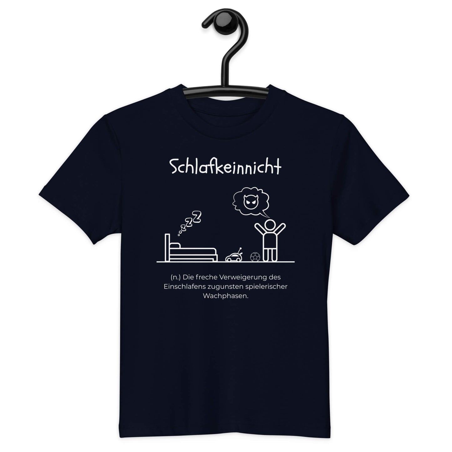 Schlafkeinnicht Kinder-T-Shirt in French Navy – weißer Aufdruck, Bio-Baumwolle, reguläter Schnitt – Hängend am Kleiderbügel - Wortstolz