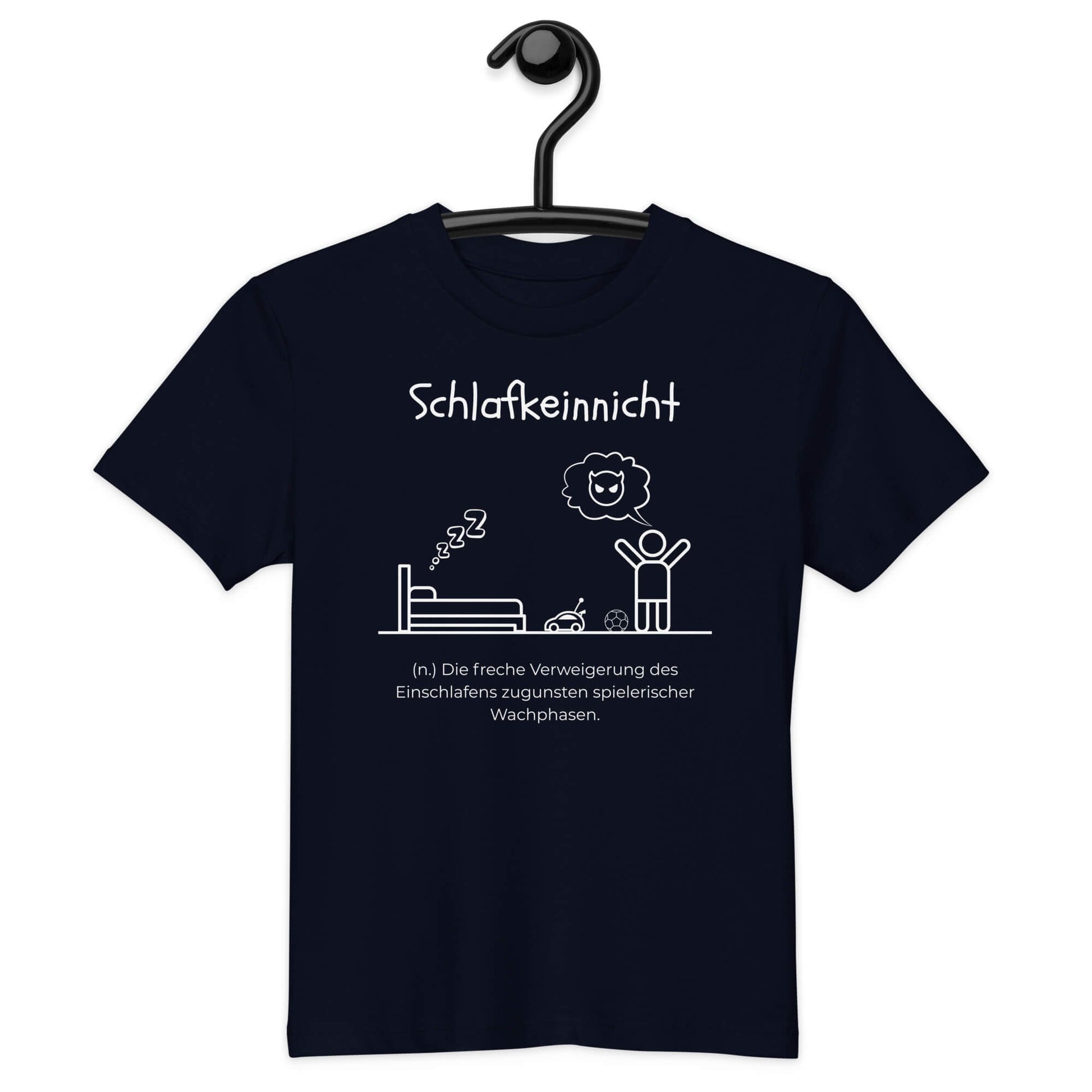 Schlafkeinnicht Kinder-T-Shirt in French Navy – weißer Aufdruck, Bio-Baumwolle, reguläter Schnitt – Hängend am Kleiderbügel - Wortstolz