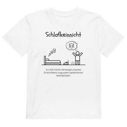 Schlafkeinnicht Kinder-T-Shirt in White – weißer Aufdruck, Bio-Baumwolle, reguläter Schnitt – Wortstolz
