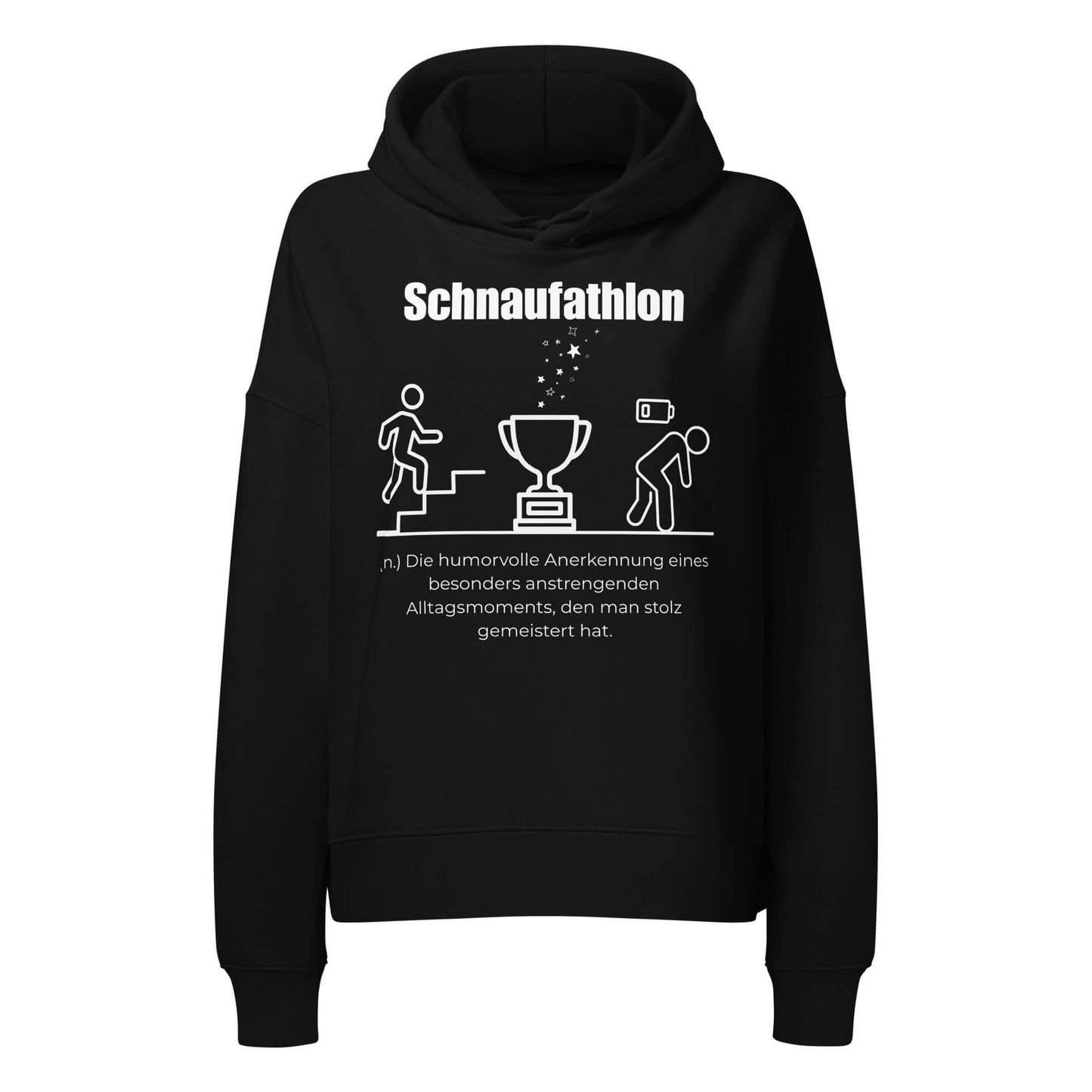 Schnaufathlon Damen Hoodie in Black – weißer Aufdruck, Bio-Baumwolle, femininer Schnitt – Wortstolz