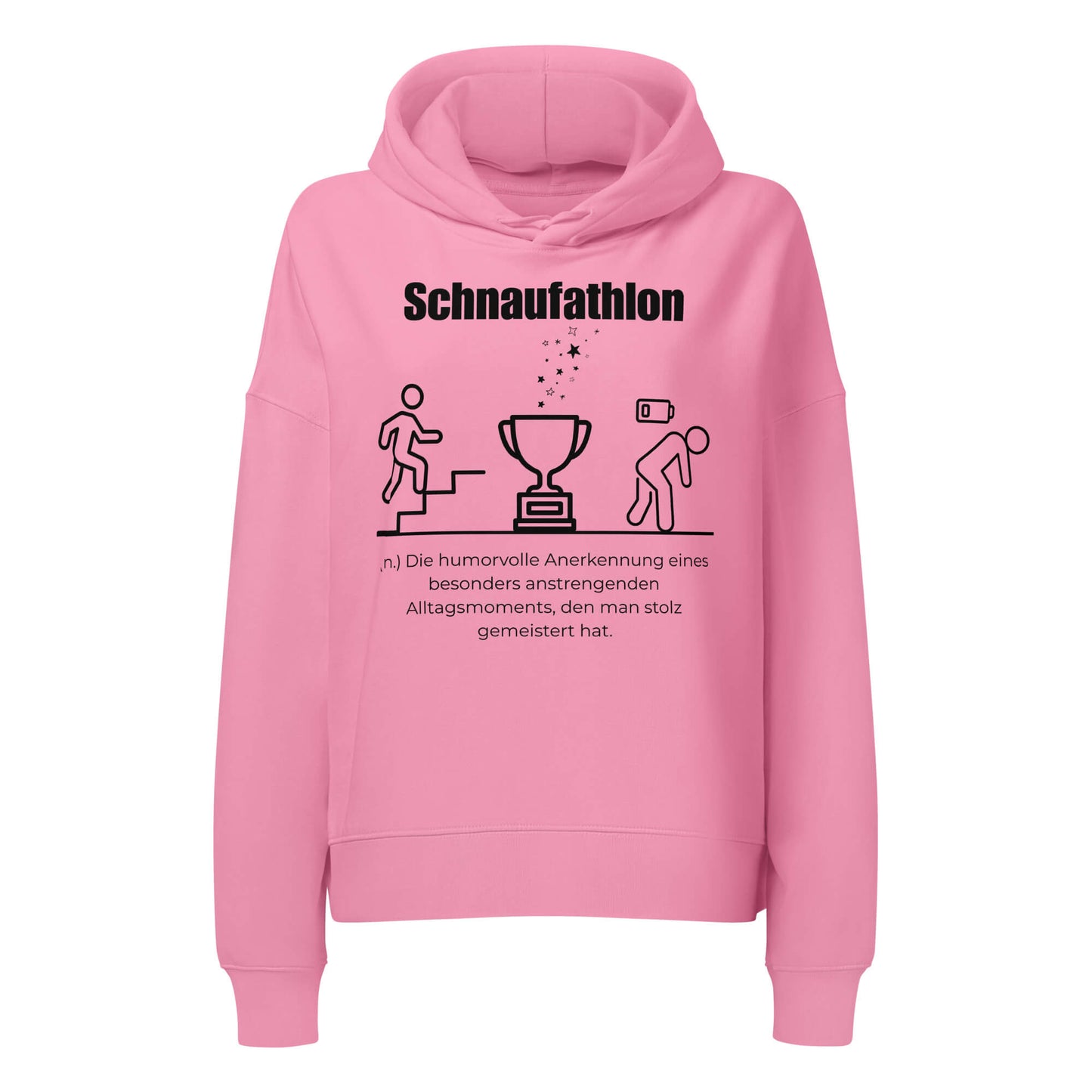 Schnaufathlon Damen Hoodie in Bubble Pink – schwarzer Aufdruck, Bio-Baumwolle, femininer Schnitt – Wortstolz