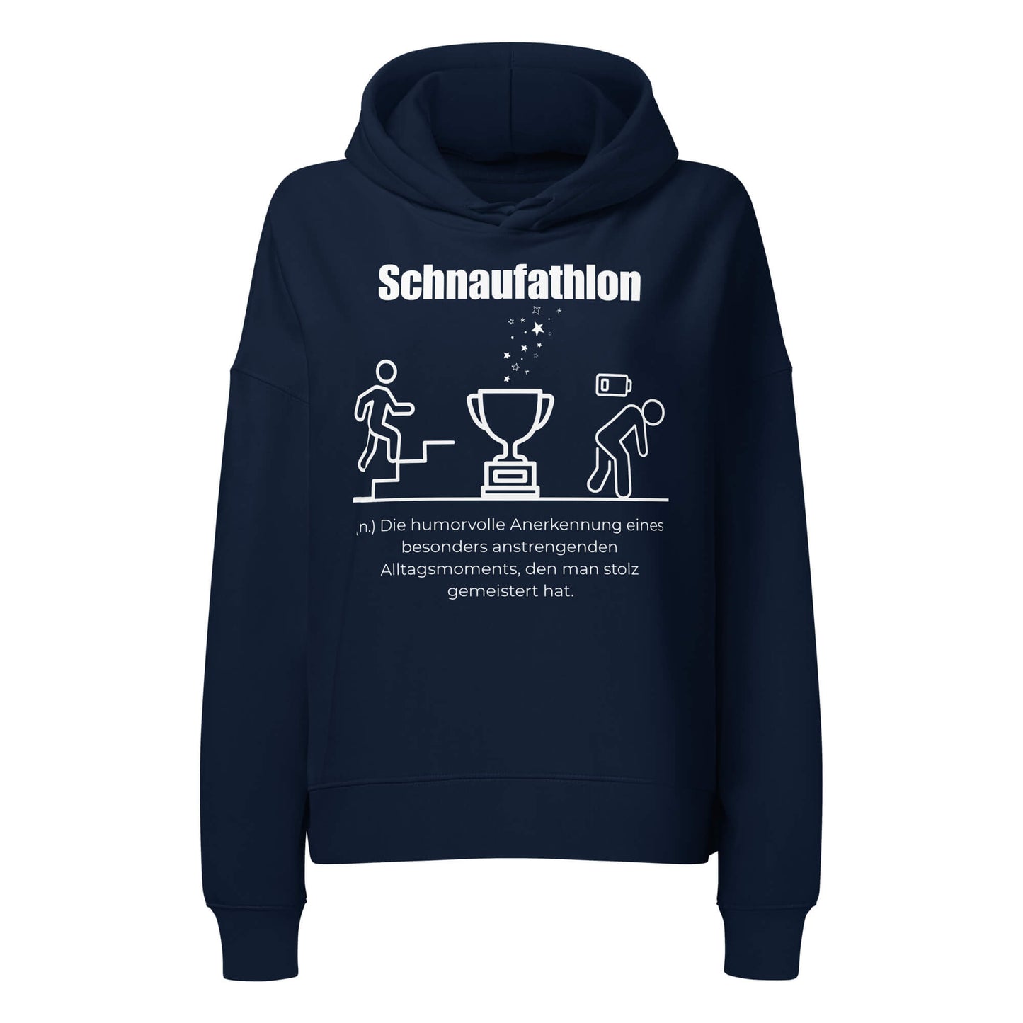 Schnaufathlon Damen Hoodie in French Navy – weißer Aufdruck, Bio-Baumwolle, femininer Schnitt – Wortstolz