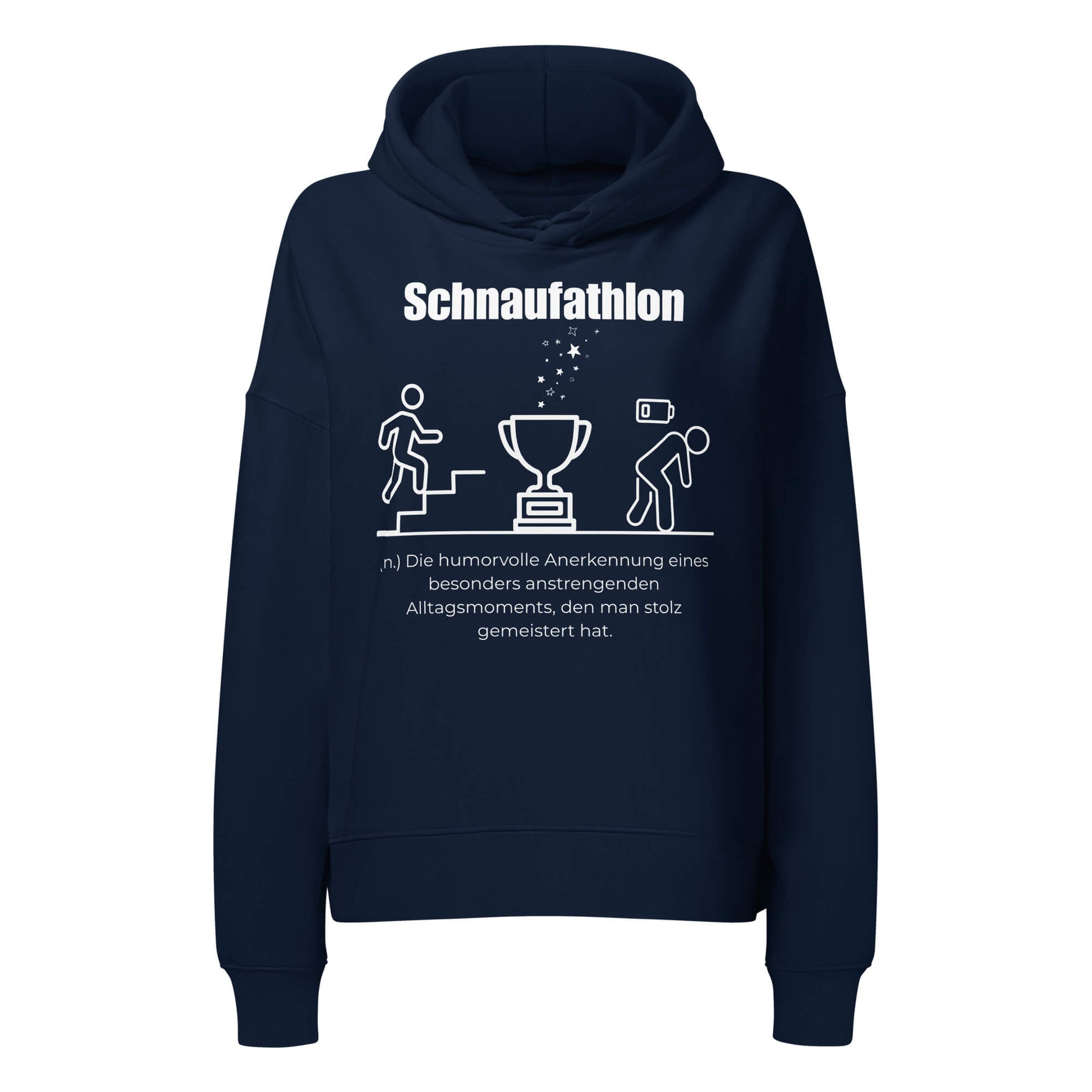 Schnaufathlon Damen Hoodie in French Navy – weißer Aufdruck, Bio-Baumwolle, femininer Schnitt – Wortstolz