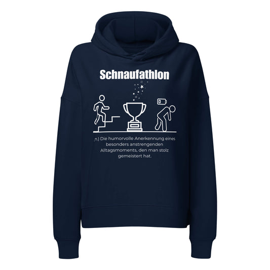 Schnaufathlon Damen Hoodie in French Navy – weißer Aufdruck, Bio-Baumwolle, femininer Schnitt – Wortstolz