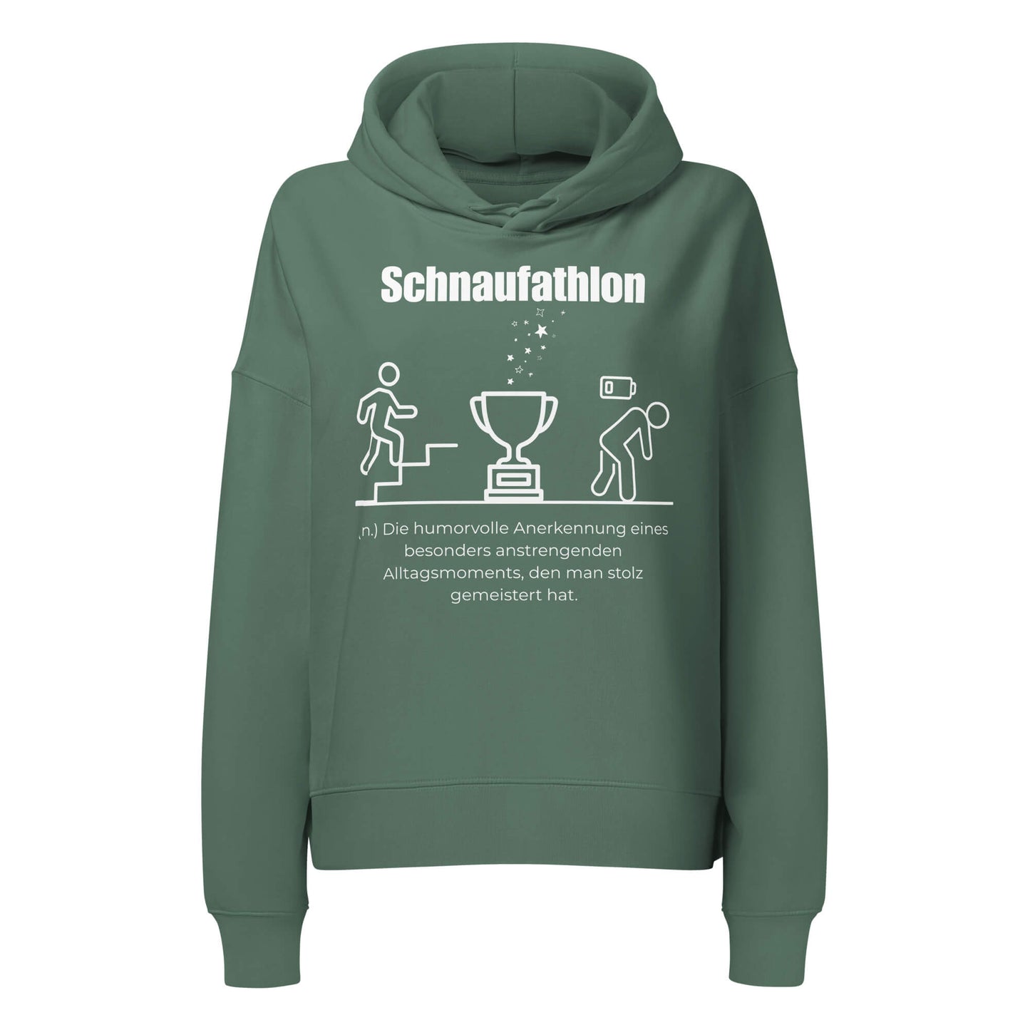 Schnaufathlon Damen Hoodie in Green Bay – weißer Aufdruck, Bio-Baumwolle, femininer Schnitt – Wortstolz