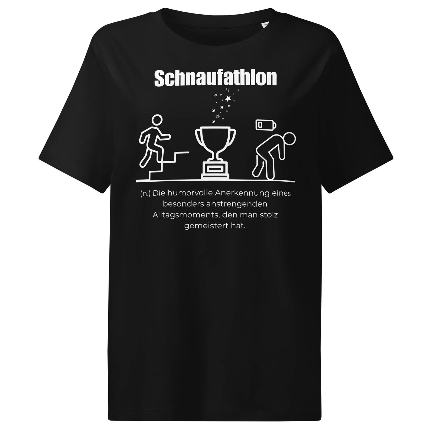 Schnaufathlon Damen T-Shirt in Black – weißer Aufdruck, Bio-Baumwolle, femininer Schnitt – Wortstolz