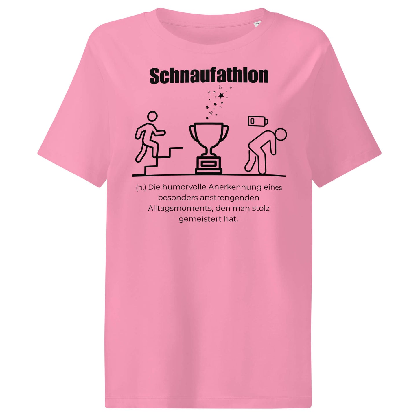Schnaufathlon Damen T-Shirt in Bubble Pink – schwarzer Aufdruck, Bio-Baumwolle, femininer Schnitt – Wortstolz