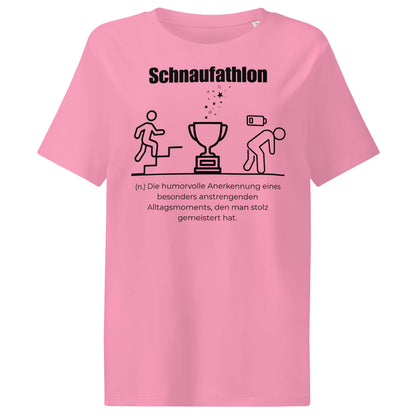 Schnaufathlon Damen T-Shirt in Bubble Pink – schwarzer Aufdruck, Bio-Baumwolle, femininer Schnitt – Wortstolz