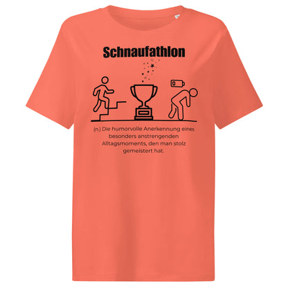Schnaufathlon Damen T-Shirt in Fiesta – schwarzer Aufdruck, Bio-Baumwolle, femininer Schnitt – Wortstolz