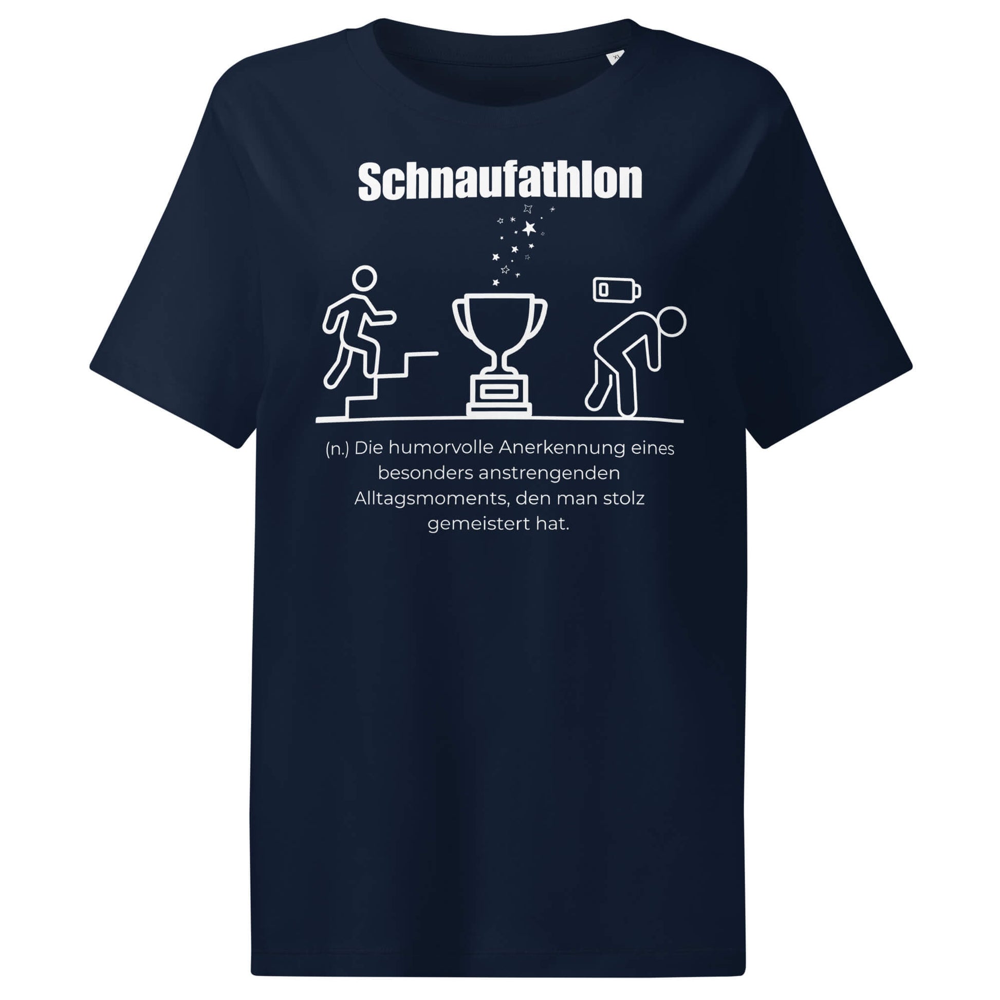 Schnaufathlon Damen T-Shirt in French Navy – weißer Aufdruck, Bio-Baumwolle, femininer Schnitt – Wortstolz