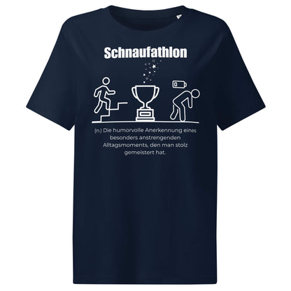 Schnaufathlon Damen T-Shirt in French Navy – weißer Aufdruck, Bio-Baumwolle, femininer Schnitt – Wortstolz