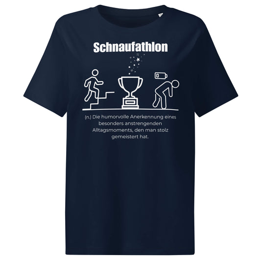 Schnaufathlon Damen T-Shirt in French Navy – weißer Aufdruck, Bio-Baumwolle, femininer Schnitt – Wortstolz