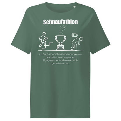 Schnaufathlon Damen T-Shirt in Green Bay – weißer Aufdruck, Bio-Baumwolle, femininer Schnitt – Wortstolz