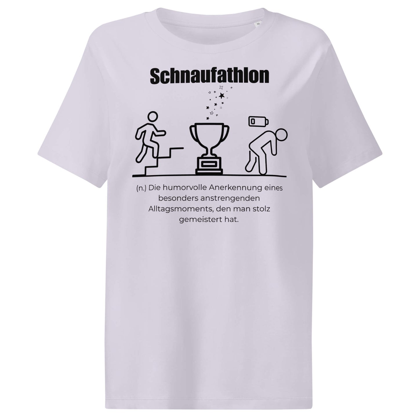 Schnaufathlon Damen T-Shirt in Lavender – schwarzer Aufdruck, Bio-Baumwolle, femininer Schnitt – Wortstolz