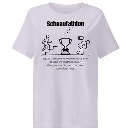 Schnaufathlon Damen T-Shirt in Lavender – schwarzer Aufdruck, Bio-Baumwolle, femininer Schnitt – Wortstolz