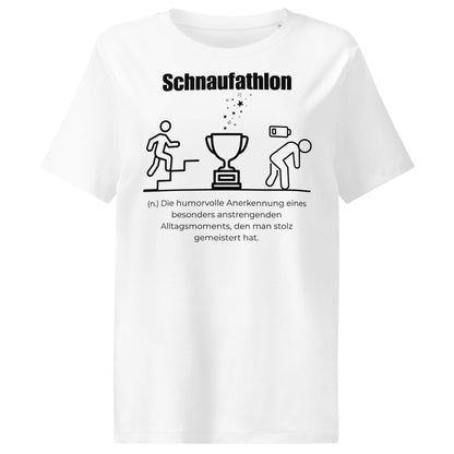 Schnaufathlon Damen T-Shirt in White – schwarzer Aufdruck, Bio-Baumwolle, femininer Schnitt – Wortstolz