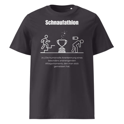 Schnaufathlon Herren T-Shirt in Anthracite – weißer Aufdruck, Bio-Baumwolle, maskuliner Schnitt – Wortstolz