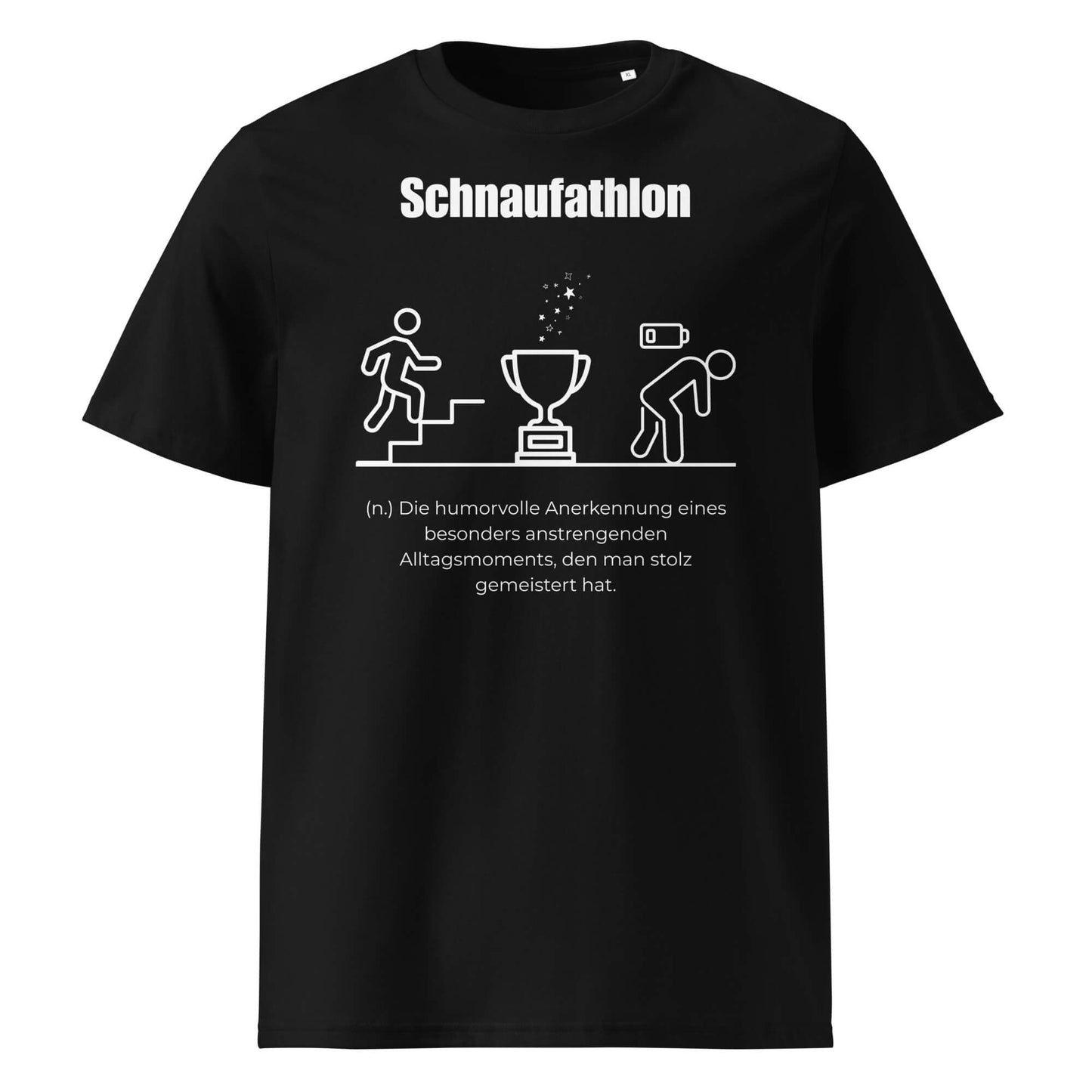Schnaufathlon Herren T-Shirt in Black – weißer Aufdruck, Bio-Baumwolle, maskuliner Schnitt – Wortstolz
