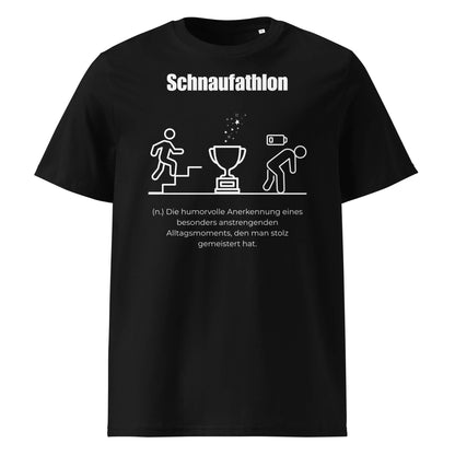 Schnaufathlon Herren T-Shirt in Black – weißer Aufdruck, Bio-Baumwolle, maskuliner Schnitt – Wortstolz