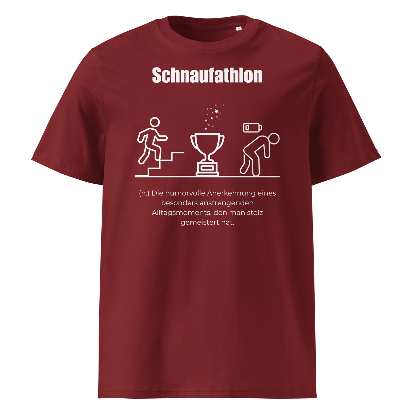 Schnaufathlon Herren T-Shirt in Burgundy – weißer Aufdruck, Bio-Baumwolle, maskuliner Schnitt – Wortstolz