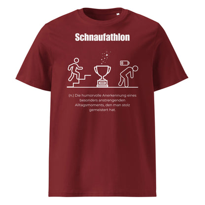 Schnaufathlon Herren T-Shirt in Burgundy – weißer Aufdruck, Bio-Baumwolle, maskuliner Schnitt – Wortstolz
