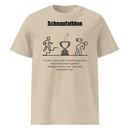 Schnaufathlon Herren T-Shirt in Desert Dust – schwarzer Aufdruck, Bio-Baumwolle, maskuliner Schnitt – Wortstolz