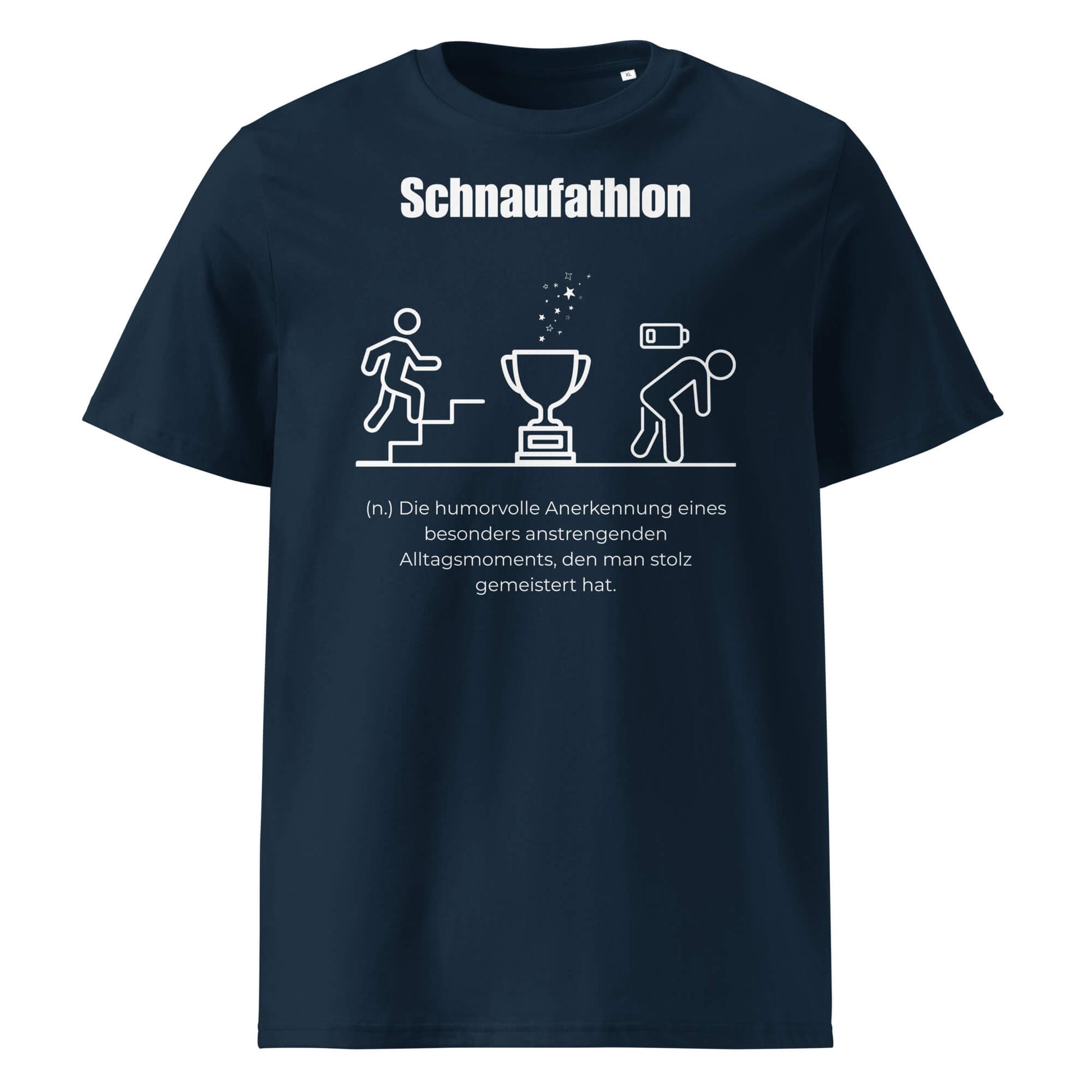 Schnaufathlon Herren T-Shirt in French Navy – weißer Aufdruck, Bio-Baumwolle, maskuliner Schnitt – Wortstolz